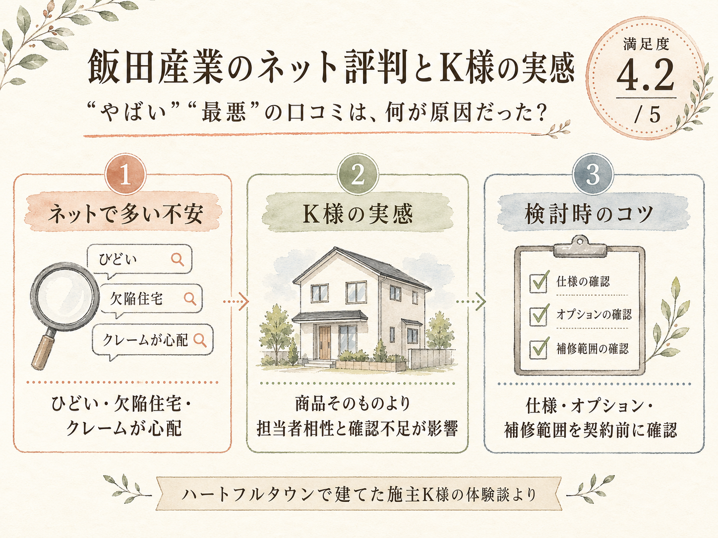 「飯田産業 やばい」ネット評判とK様の実感のギャップを比較した図解（満足度4.2点）