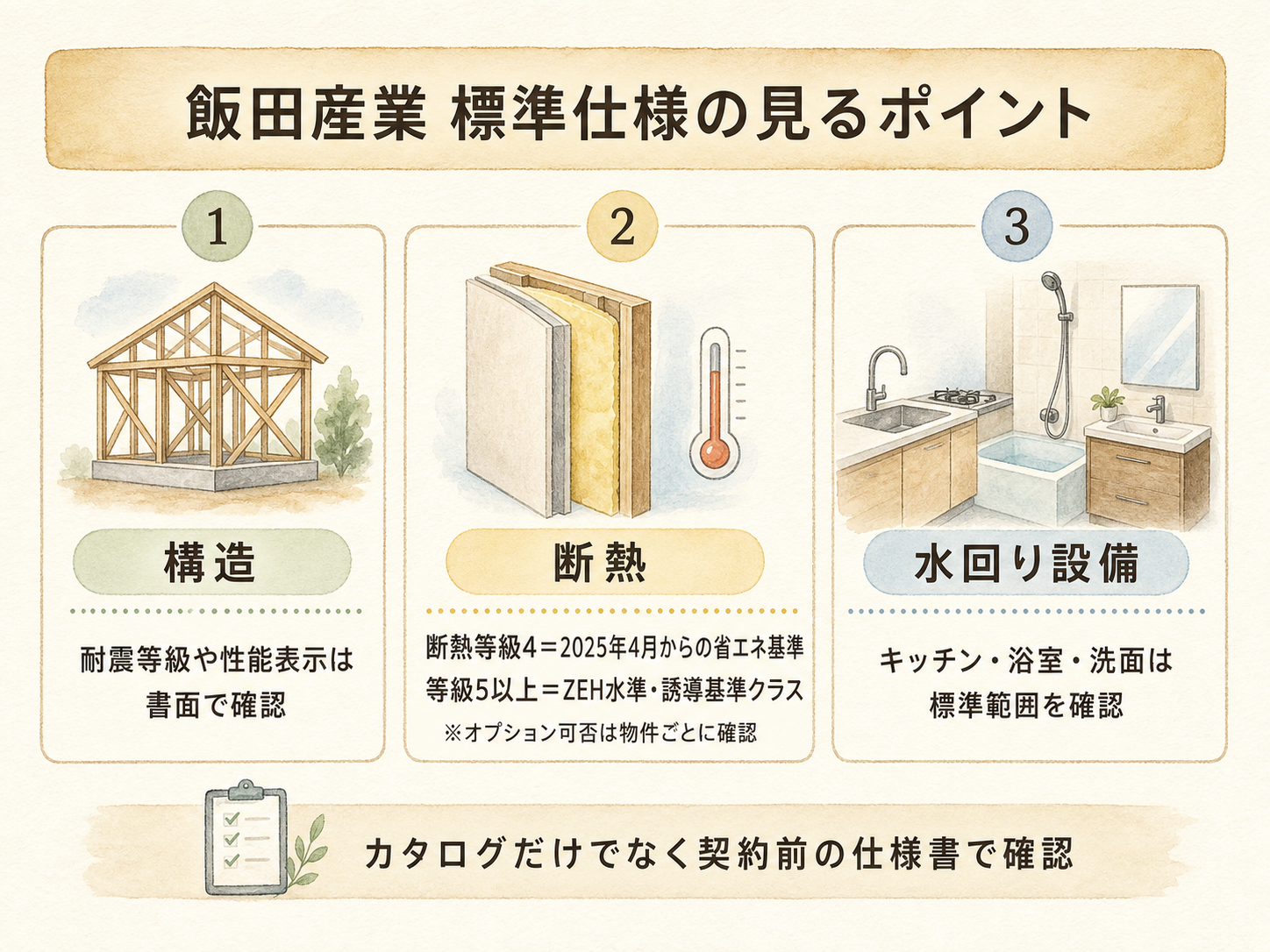 飯田産業の標準仕様の主要3カテゴリ（構造・断熱・水回り設備）の3点カード図解