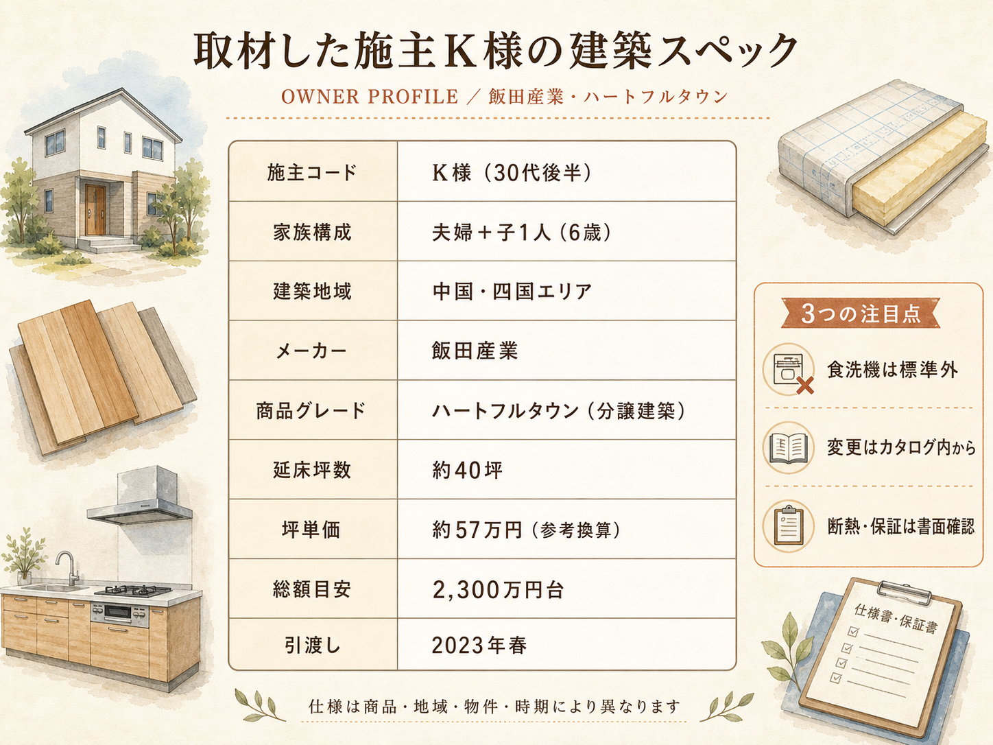 K様(飯田産業・40坪)の建築スペック一覧（メーカー・商品・坪数・坪単価・総額・建築時期）