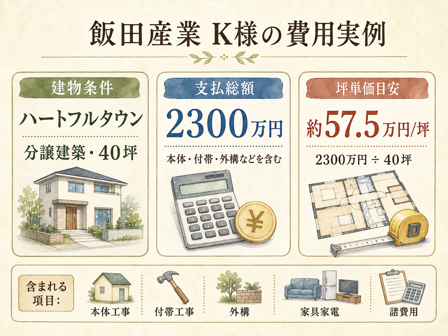 K様(飯田産業・40坪)の総額2300万円の内訳（本体工事・付帯工事・外構・家具家電・諸費用の積み上げ棒グラフ）