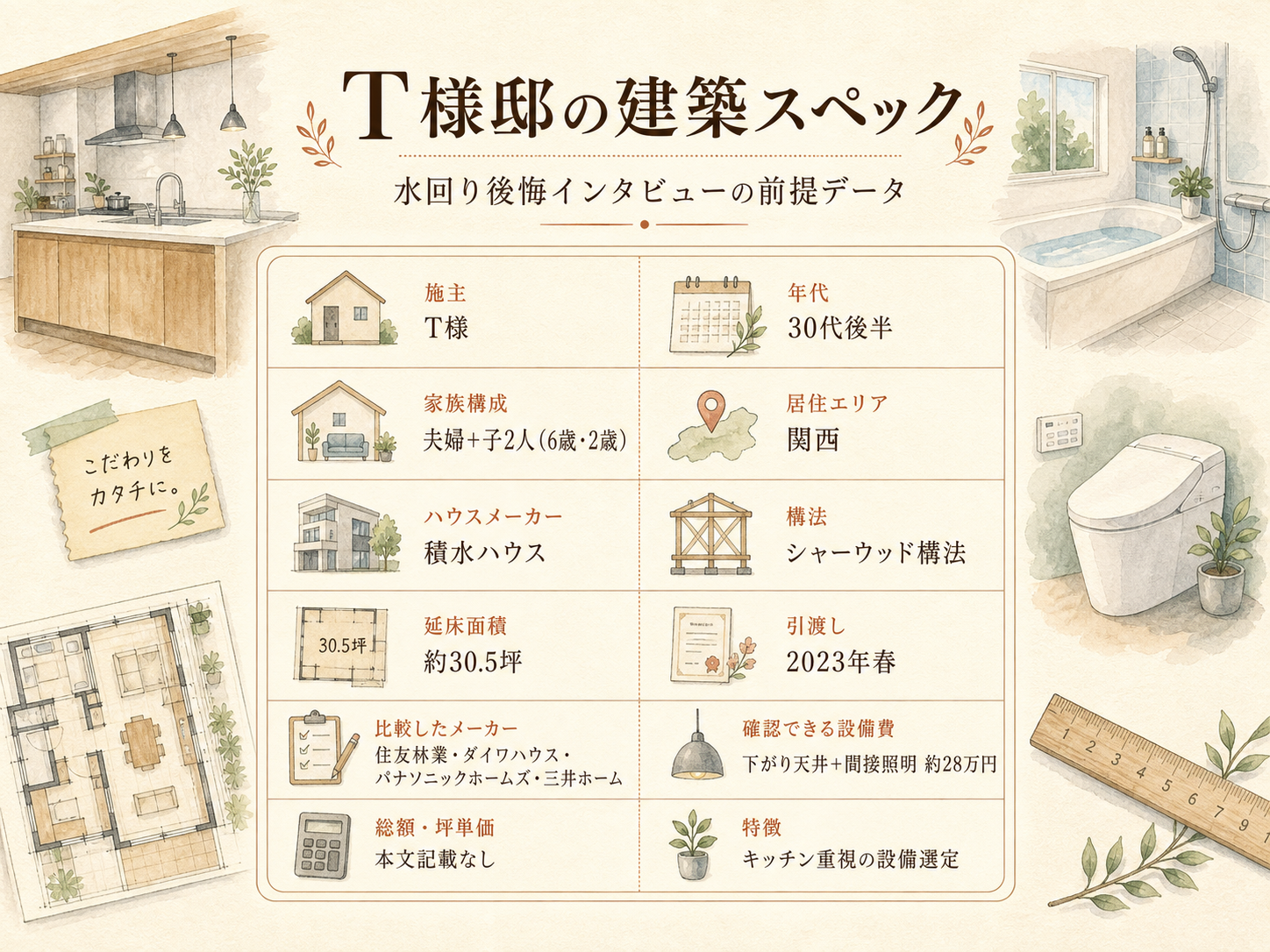 T様(ハウスメーカー・30.5坪)の建築スペック（メーカー・商品・坪数・坪単価・総額・建築時期のカード表示）