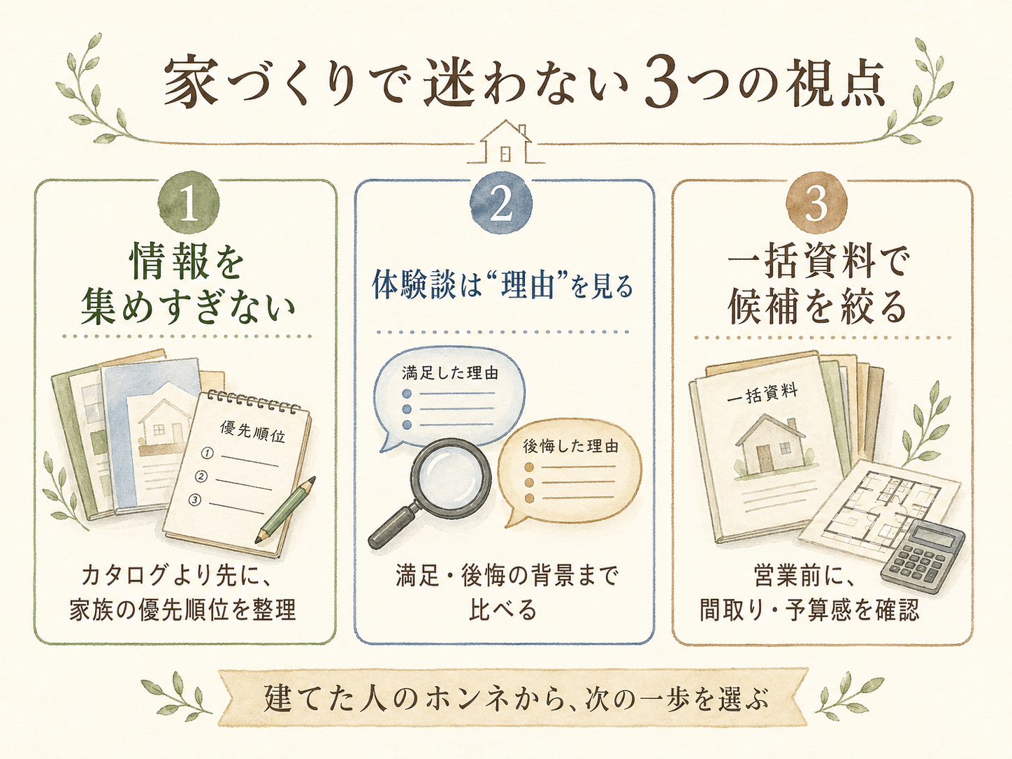 家づくりで後悔しないための5つの鉄則をまとめたチェックリスト図解