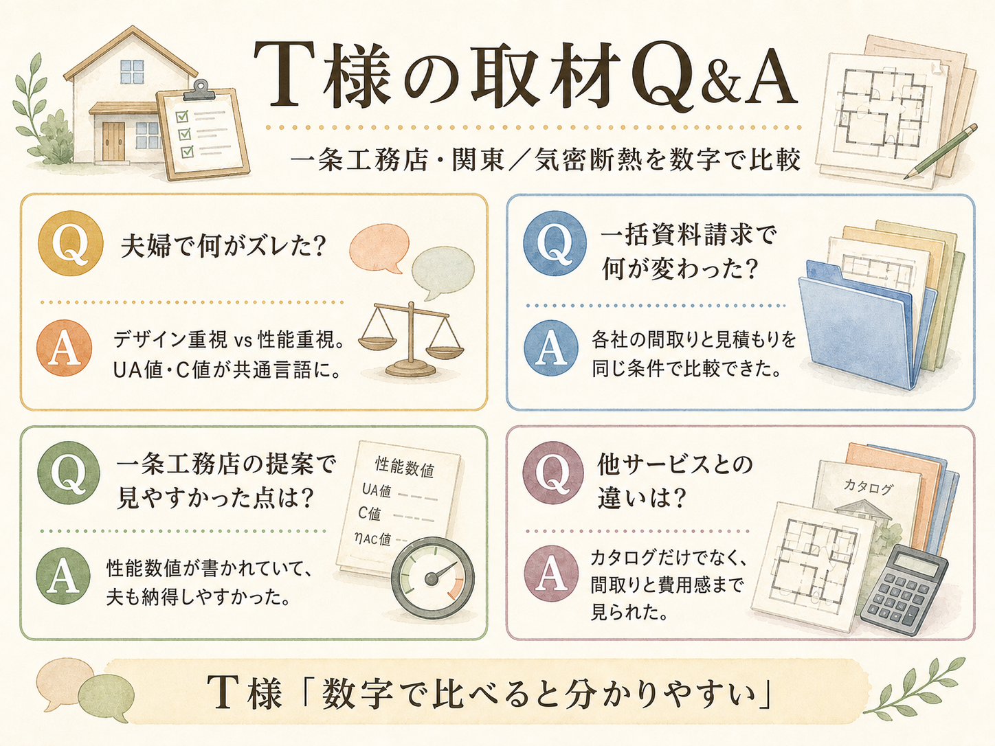 ハウスメーカーに関する読者の疑問と、T様の取材時の回答（Q&A図解）