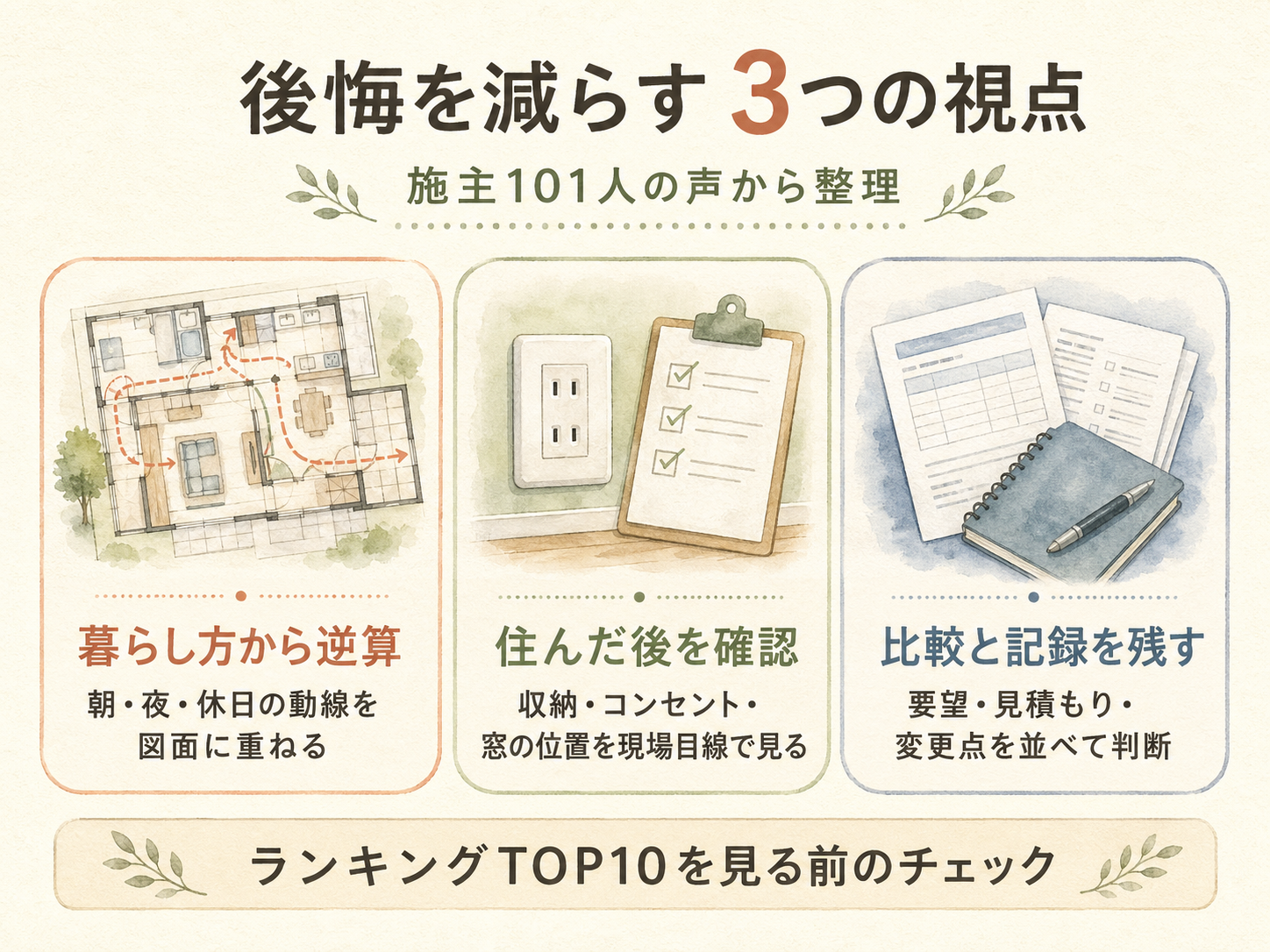 家づくりで後悔しないための5つの鉄則をまとめたチェックリスト図解