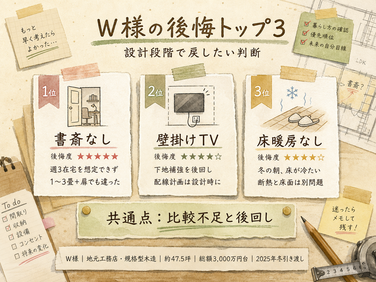 W様(ハウスメーカー・47.5坪)の建築スペック（メーカー・商品・坪数・坪単価・総額・建築時期のカード表示）