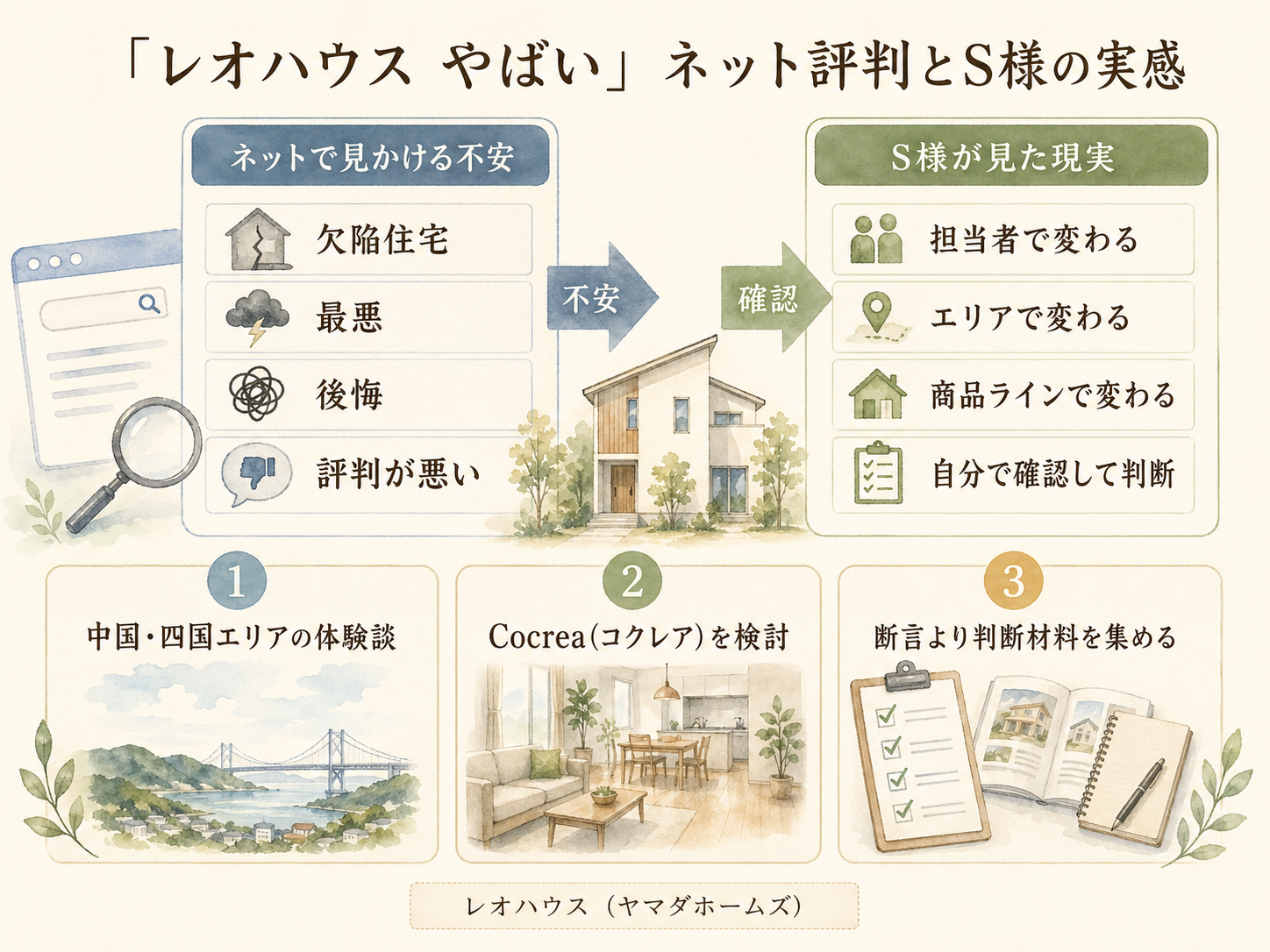 「レオハウス やばい」ネット評判とS様の実感のギャップを比較した図解（満足度4.2点）
