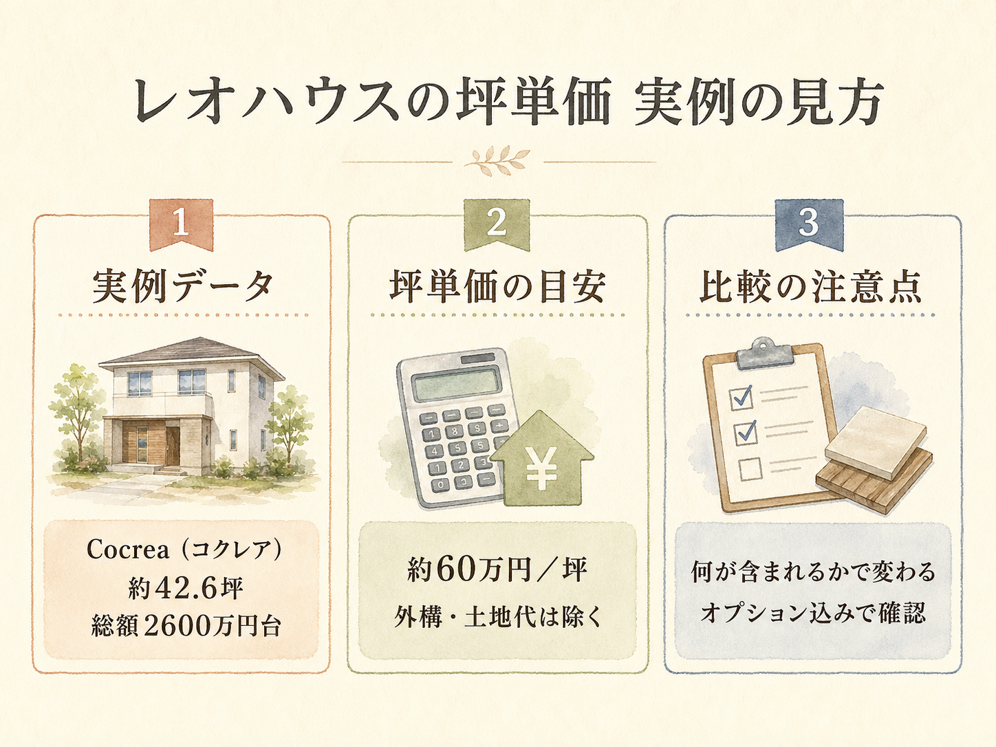 S様(レオハウス大安心の家・42.6坪)の総額2600万円の内訳（本体工事・付帯工事・外構・家具家電・諸費用の積み上げ棒グラフ）