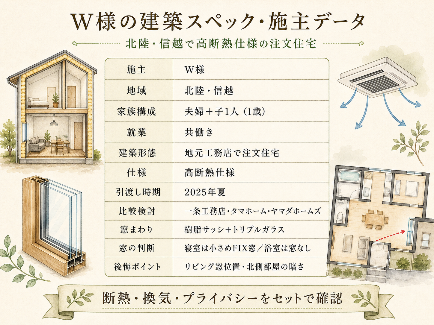W様(地元工務店)の建築スペック一覧(メーカー・商品・坪数・坪単価・総額・建築時期)