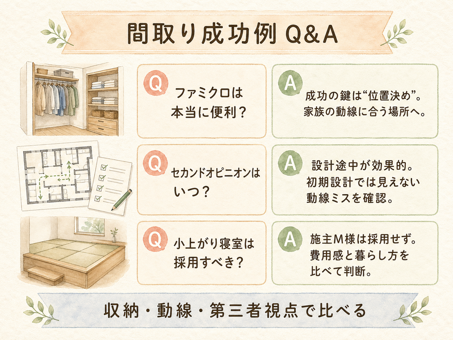 間取り成功の疑問と、M様の回答（Q&A図解）