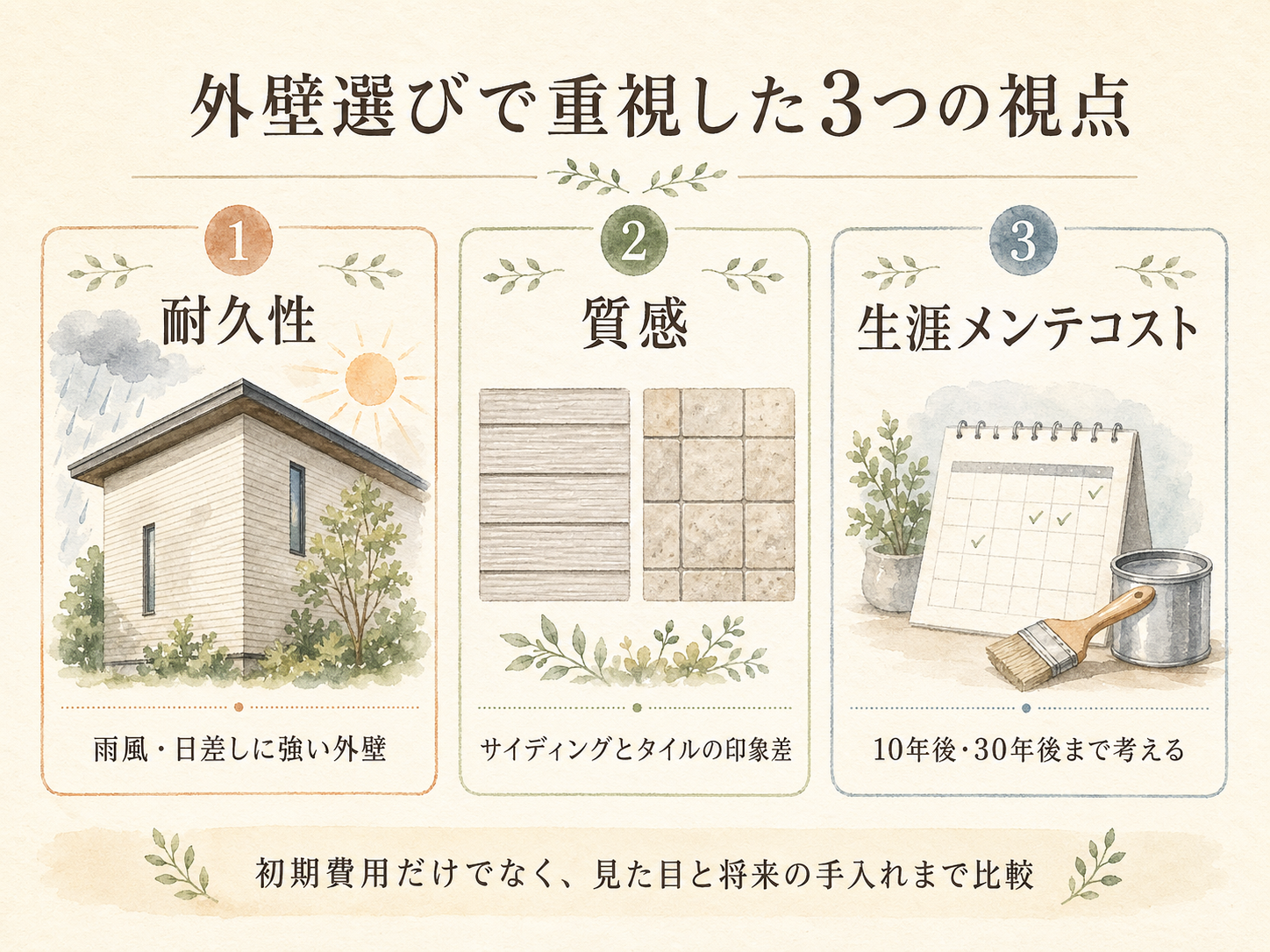 S様が外壁選びで重視した3つの視点（耐久性・質感・生涯メンテコスト）の図解