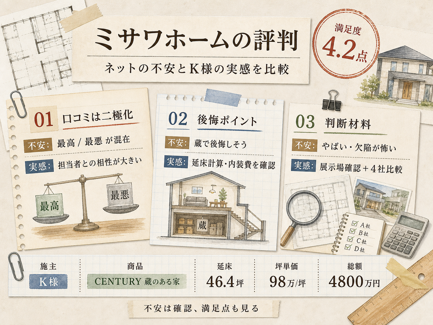 「ミサワホーム やばい」ネット評判とK様の実感のギャップを比較した図解（満足度4.2点）
