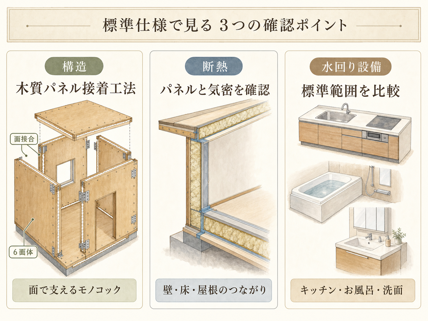 ミサワホームの標準仕様の主要3カテゴリ(構造・断熱・水回り設備)の3点カード図解