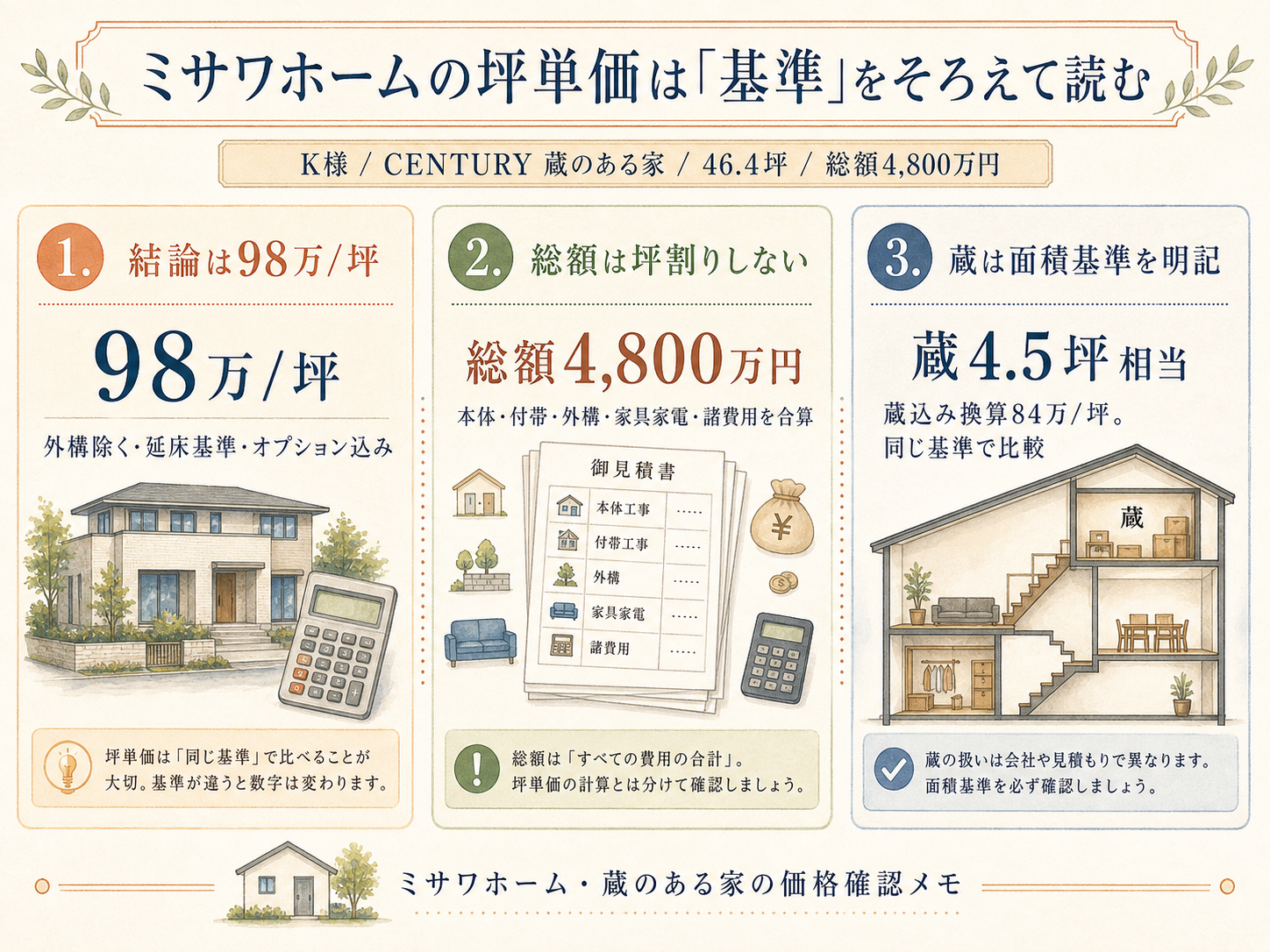 K様(ミサワホーム・46.4坪)の総額4800万円の内訳（本体工事・付帯工事・外構・家具家電・諸費用の積み上げ棒グラフ）