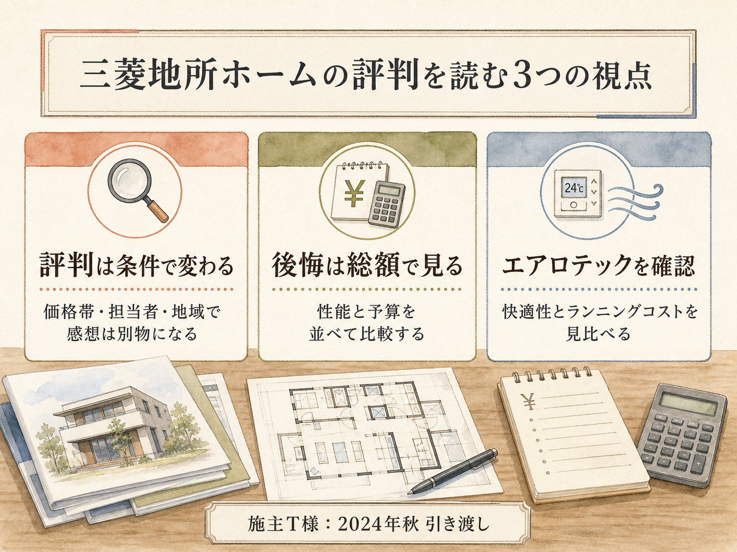 「三菱地所ホーム やばい」ネット評判とT様の実感のギャップを比較した図解（満足度4.2点）