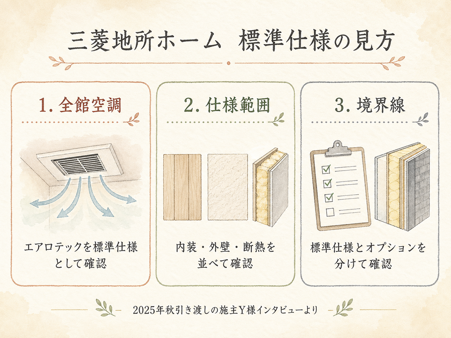 三菱地所ホームの標準仕様の主要3カテゴリ（構造・断熱・水回り設備）の3点カード図解