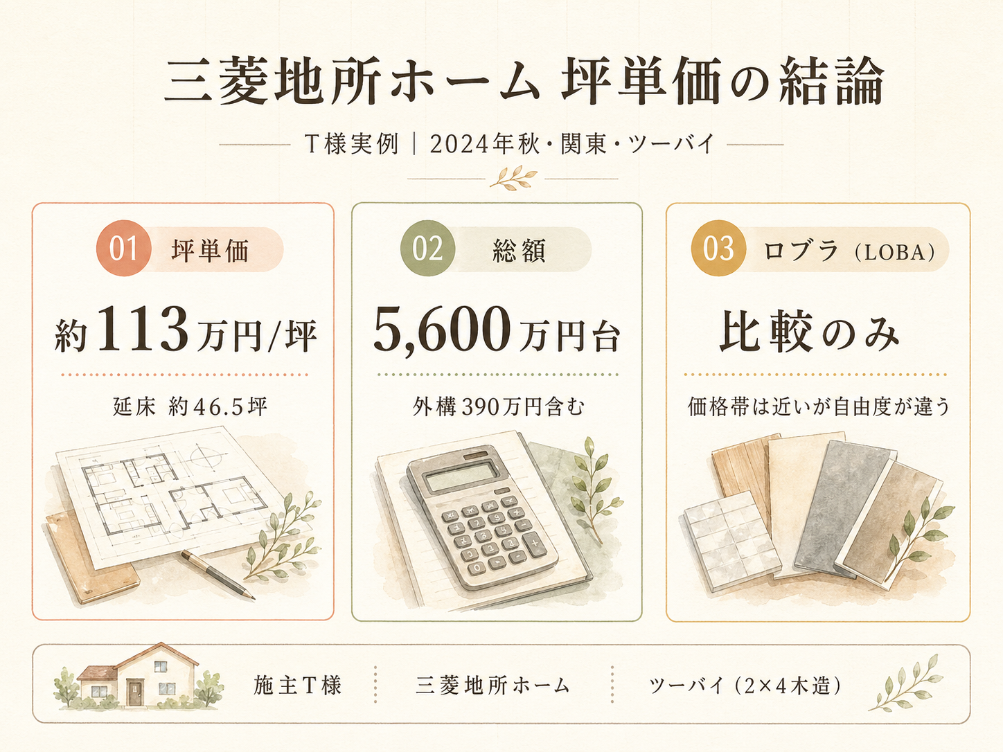 T様(三菱地所ホーム・46.5坪)の総額5600万円の内訳（本体工事・付帯工事・外構・家具家電・諸費用の積み上げ棒グラフ）