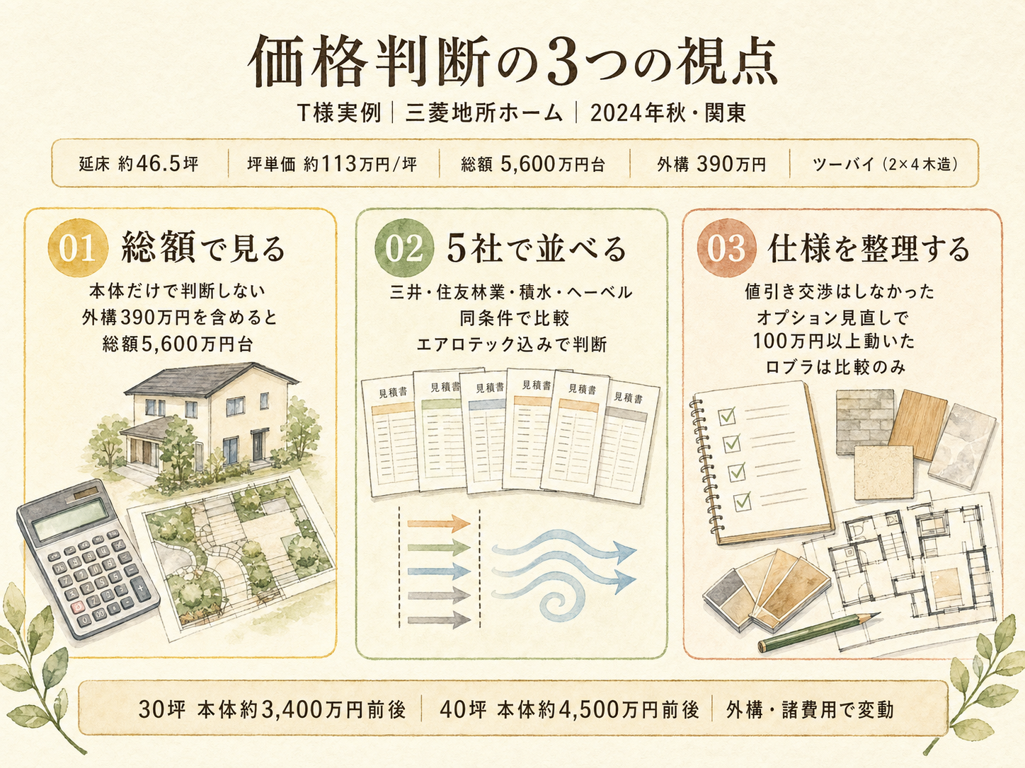三菱地所ホームの坪数別 総額シミュレーション（30・35・40坪）