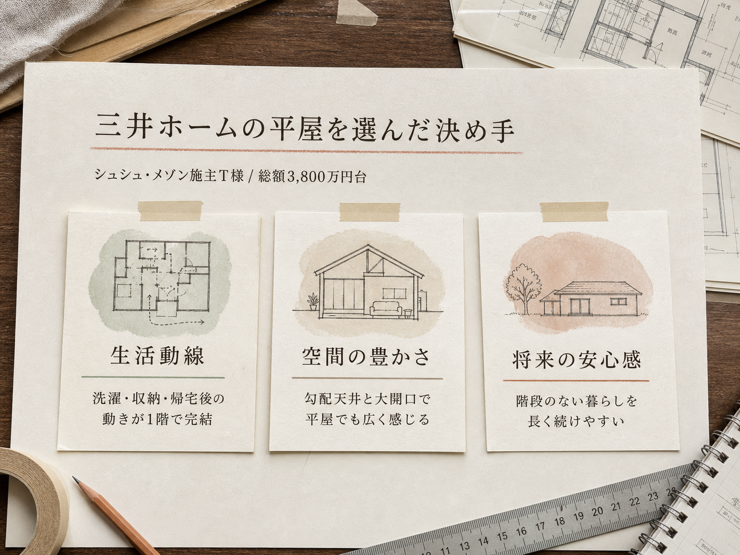 T様が三井ホームの平屋を選んだ決め手3つ（生活動線・空間の豊かさ・将来の安心感）の図解