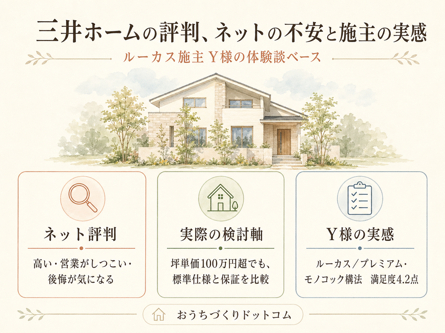 「三井ホーム やばい」ネット評判とY様の実感のギャップを比較した図解（満足度4.2点）