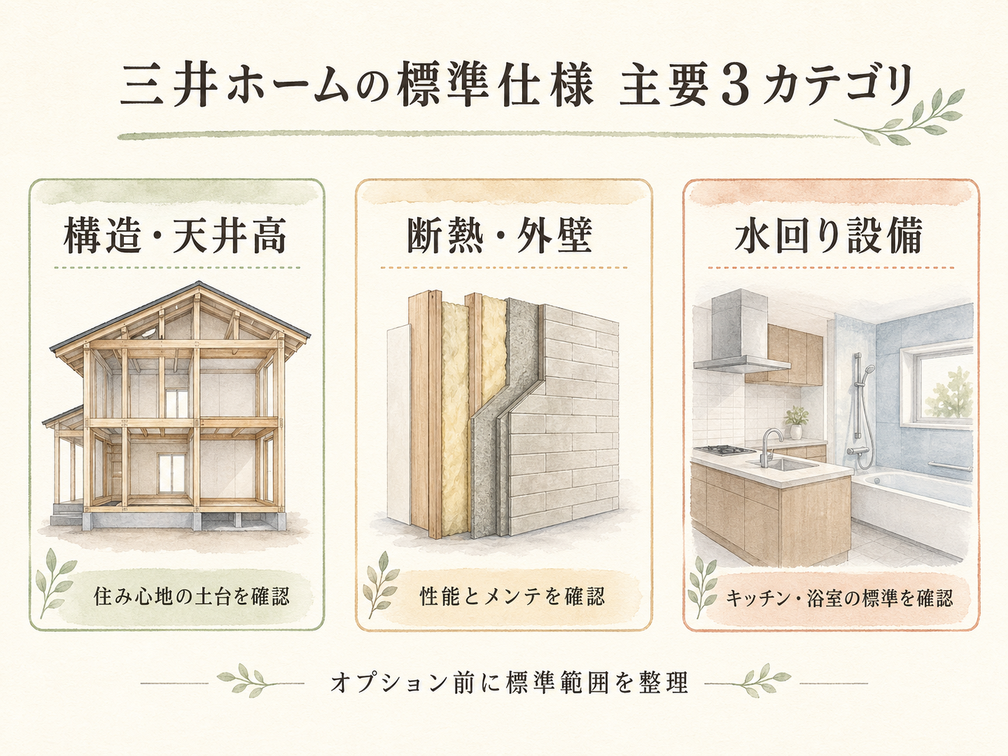 三井ホームの標準仕様の主要3カテゴリ(構造・断熱・水回り設備)の3点カード図解