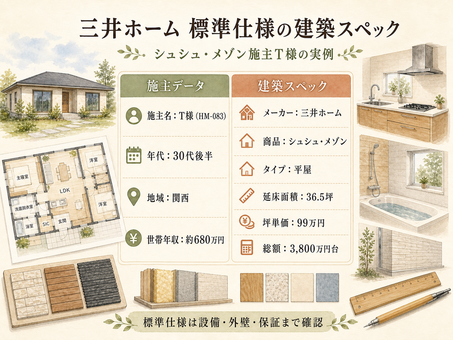 T様(三井ホーム・36.5坪)の建築スペック一覧(メーカー・商品・坪数・坪単価・総額・建築時期)