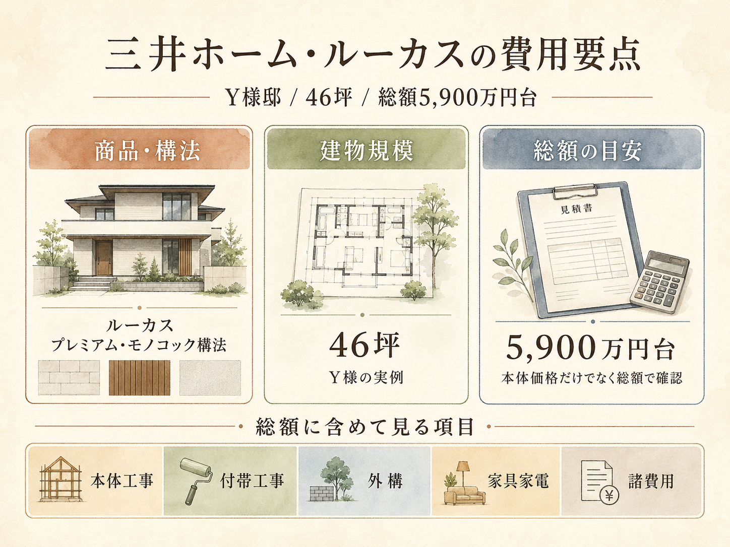 Y様(三井ホーム・46坪)の総額5900万円の内訳（本体工事・付帯工事・外構・家具家電・諸費用の積み上げ棒グラフ）