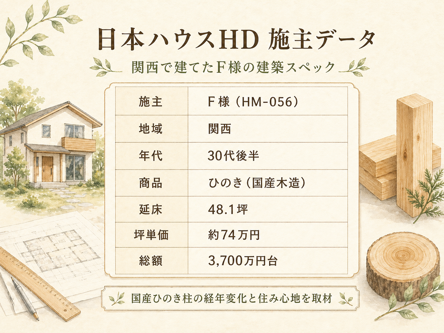 F様(日本ハウスHD・48.1坪)の建築スペック一覧（メーカー・商品・坪数・坪単価・総額・建築時期）