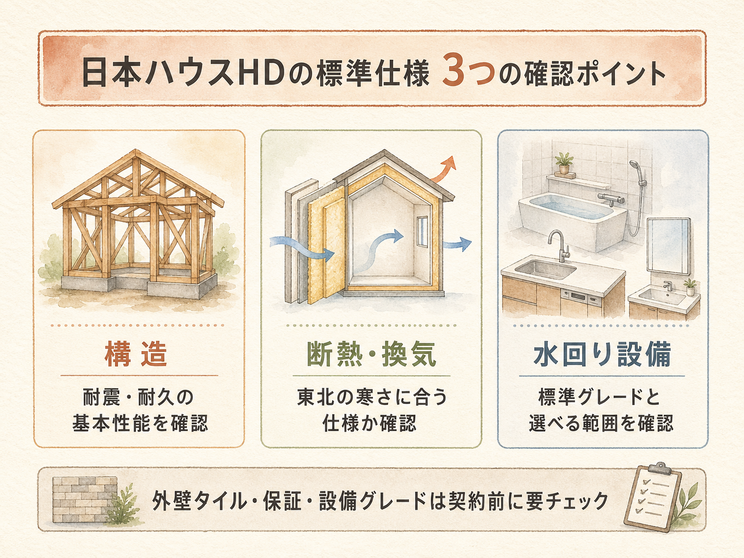 日本ハウスHDの標準仕様の主要3カテゴリ（構造・断熱・水回り設備）の3点カード図解