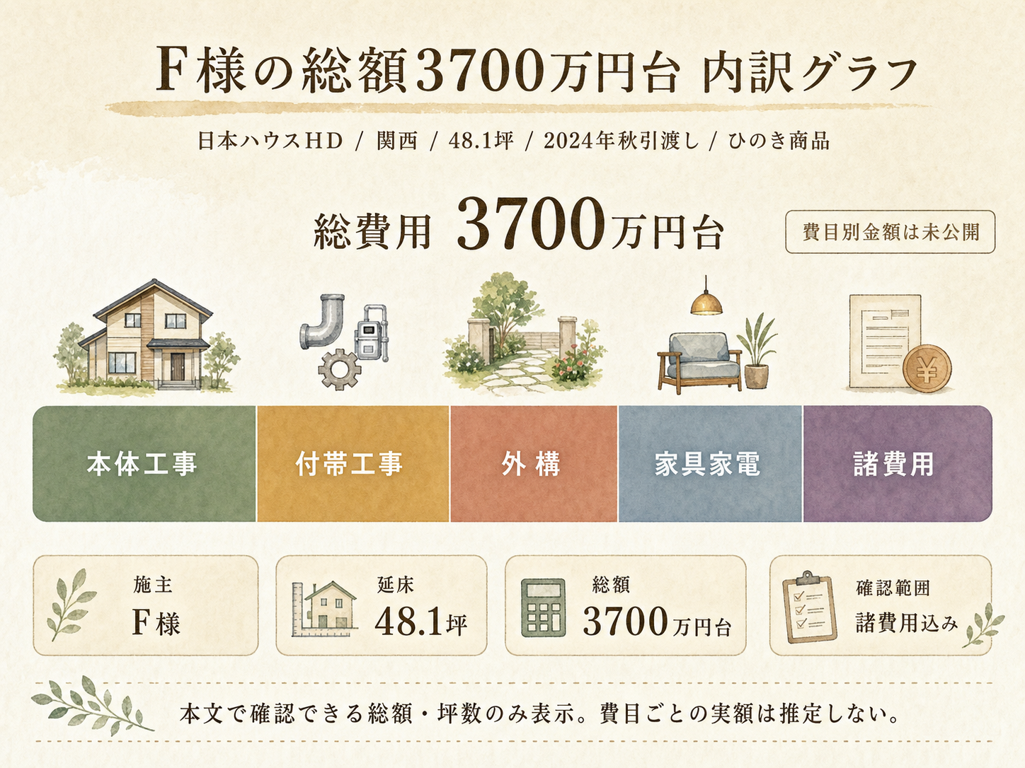 F様(日本ハウスHD・48.1坪)の総額3700万円の内訳（本体工事・付帯工事・外構・家具家電・諸費用の積み上げ棒グラフ）