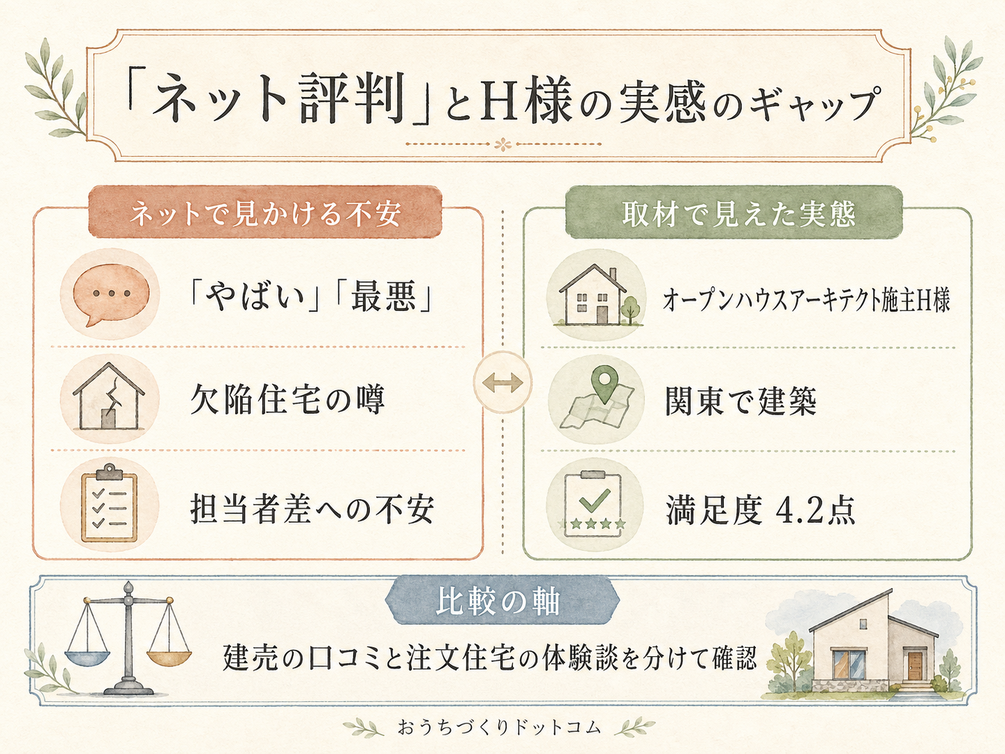 「オープンハウス やばい」ネット評判とH様の実感のギャップを比較した図解（満足度4.2点）