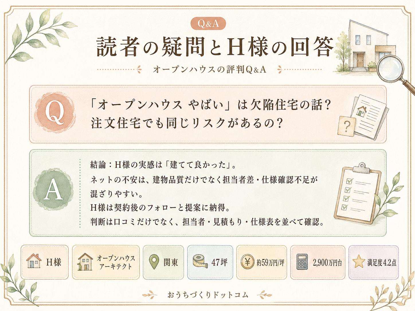 オープンハウスに関する読者の疑問と、H様の取材時の回答（Q&A図解）