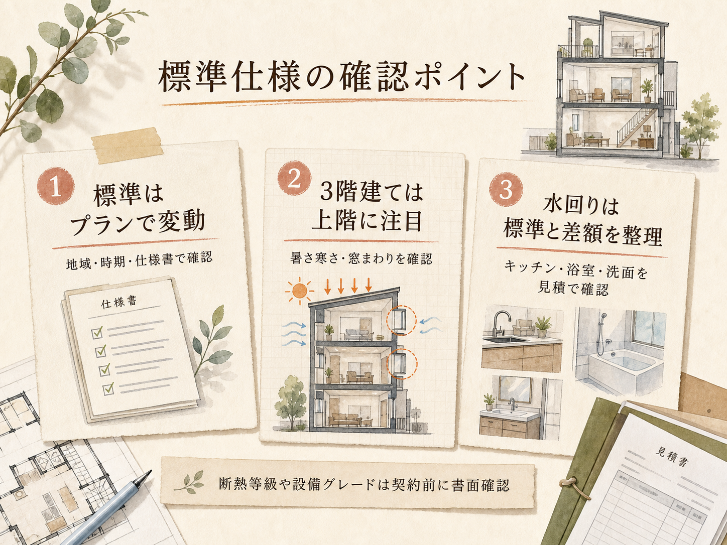 オープンハウスの標準仕様の主要3カテゴリ(構造・断熱・水回り設備)の3点カード図解