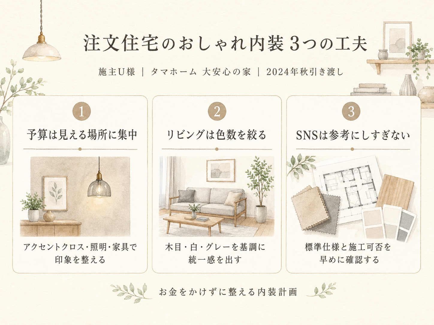 U様(ハウスメーカー大安心の家・42.8坪)の建築スペック（メーカー・商品・坪数・坪単価・総額・建築時期のカード表示）