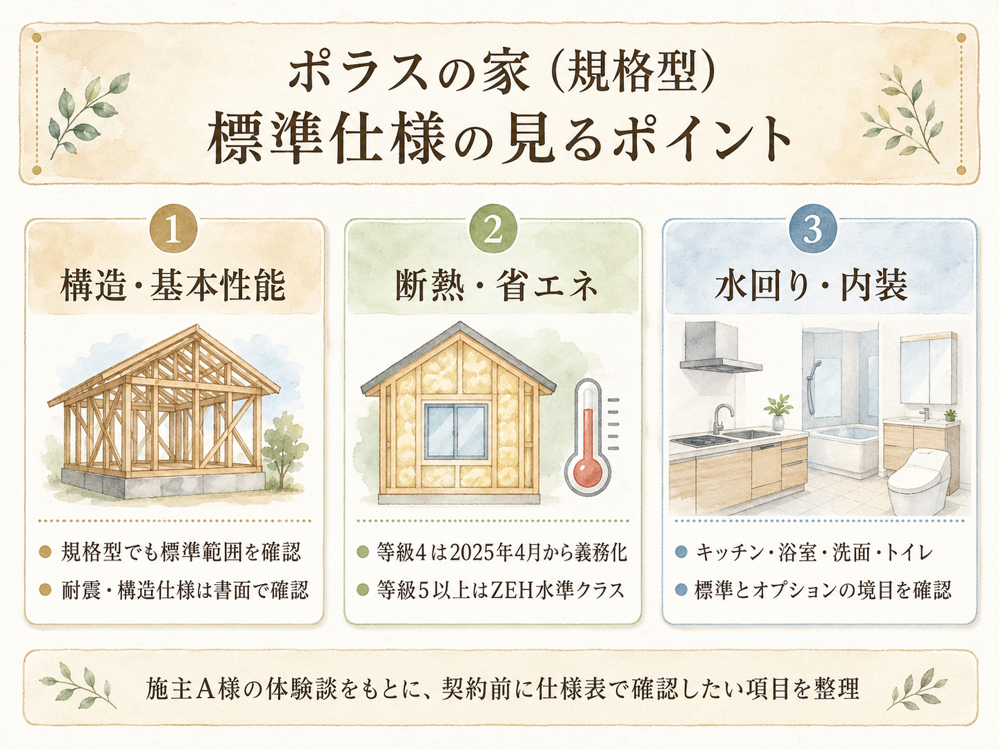 ポラスの標準仕様の主要3カテゴリ（構造・断熱・水回り設備）の3点カード図解