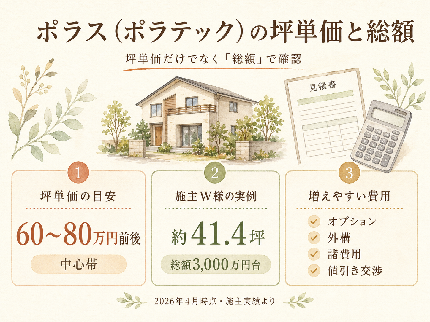 W様(ポラス・41.4坪)の総額3000万円の内訳(本体工事・付帯工事・外構・家具家電・諸費用の積み上げ棒グラフ)
