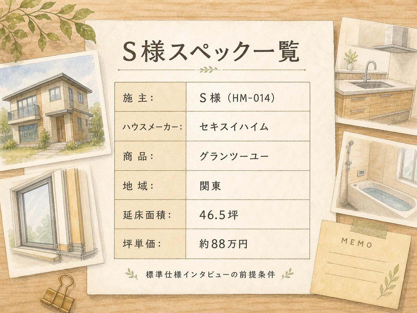 セキスイハイムの標準仕様の主要3カテゴリ（構造・断熱・水回り設備）の3点カード図解