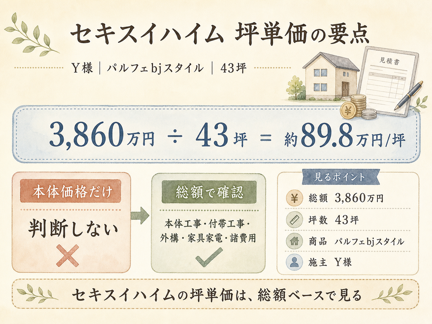 Y様(セキスイハイム・43坪)の総額3860万円の内訳（本体工事・付帯工事・外構・家具家電・諸費用の積み上げ棒グラフ）