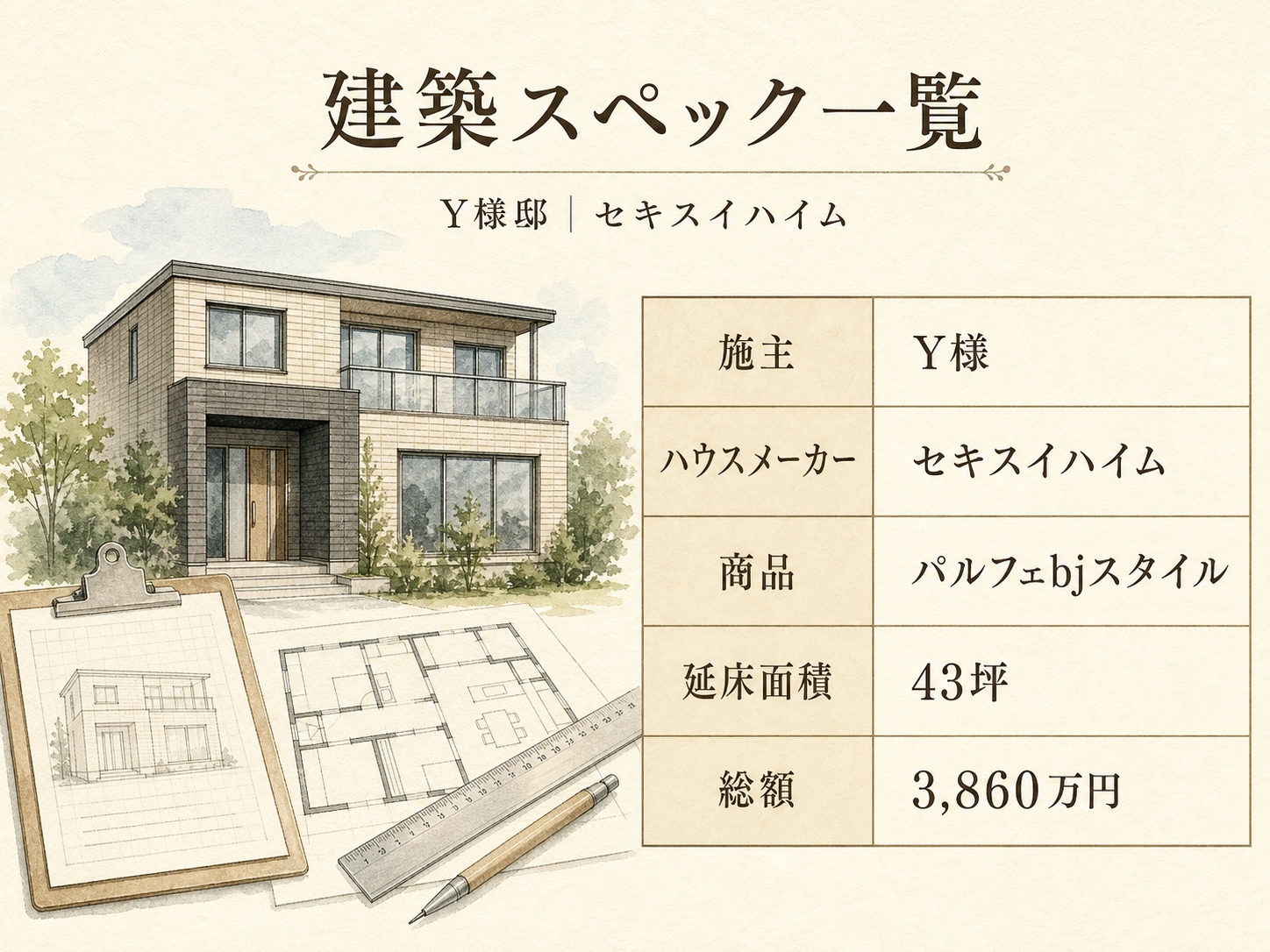 Y様(セキスイハイム・43坪)の建築スペック一覧（メーカー・商品・坪数・坪単価・総額・建築時期）