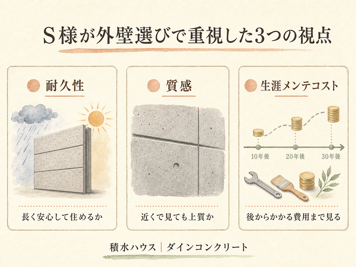 S様が外壁選びで重視した3つの視点（耐久性・質感・生涯メンテコスト）の図解