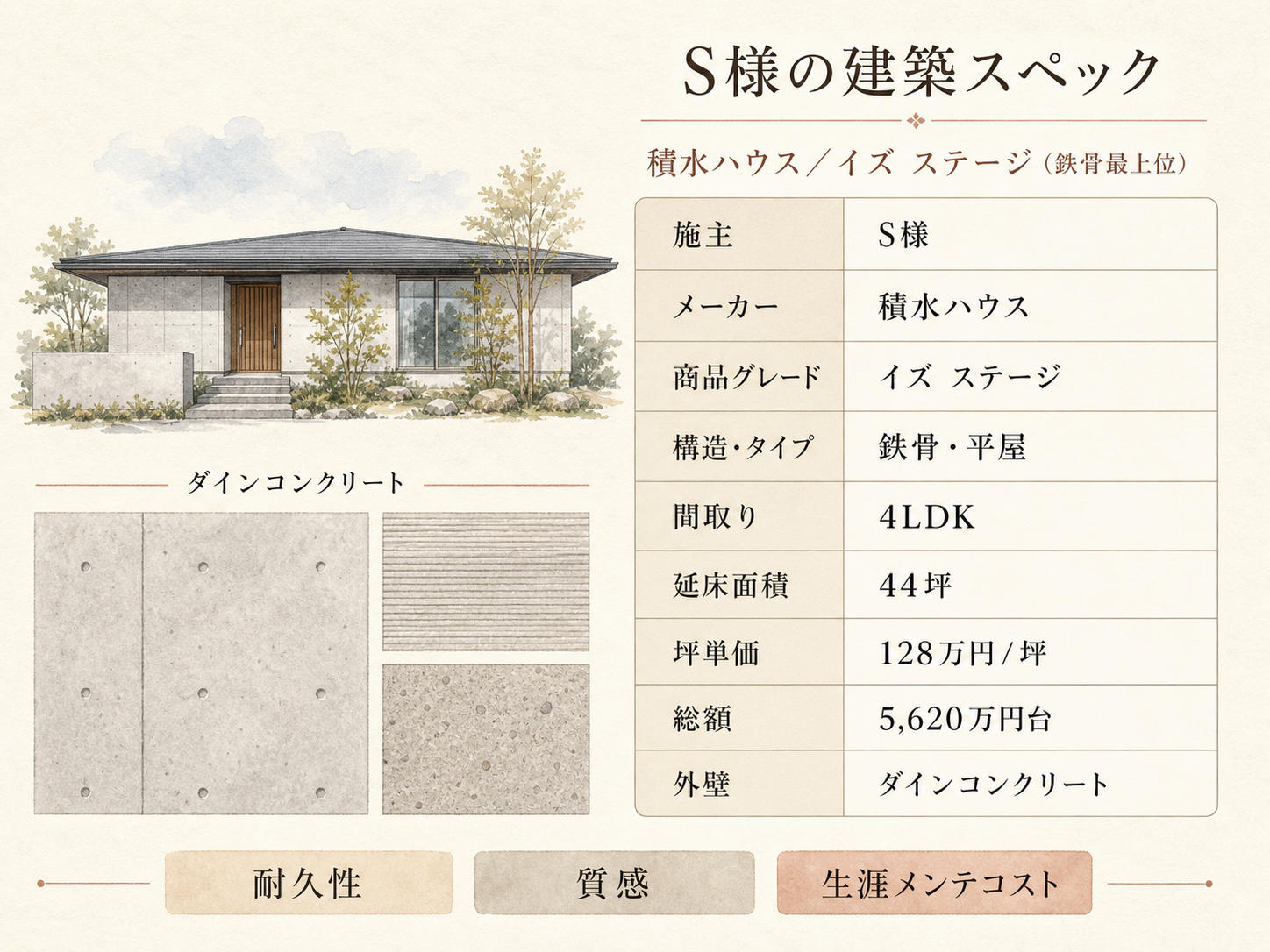 S様(積水ハウス里楽・41.4坪)の建築スペック一覧（メーカー・商品・坪数・坪単価・総額・建築時期）