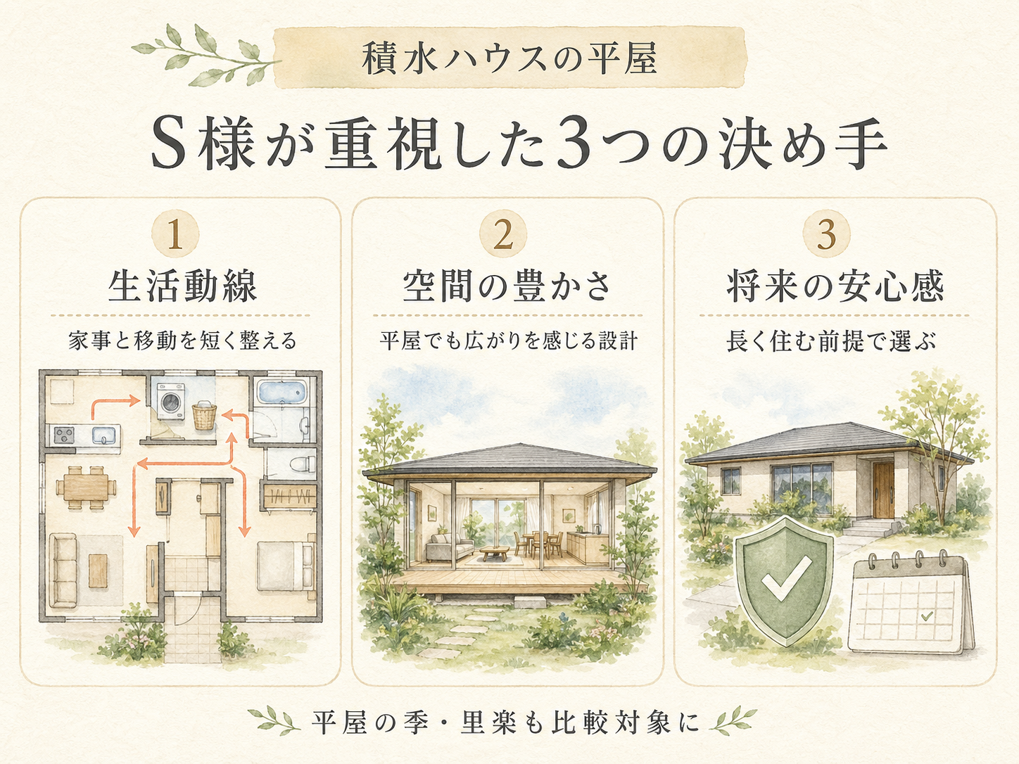S様が積水ハウスの平屋を選んだ決め手3つ（生活動線・空間の豊かさ・将来の安心感）の図解
