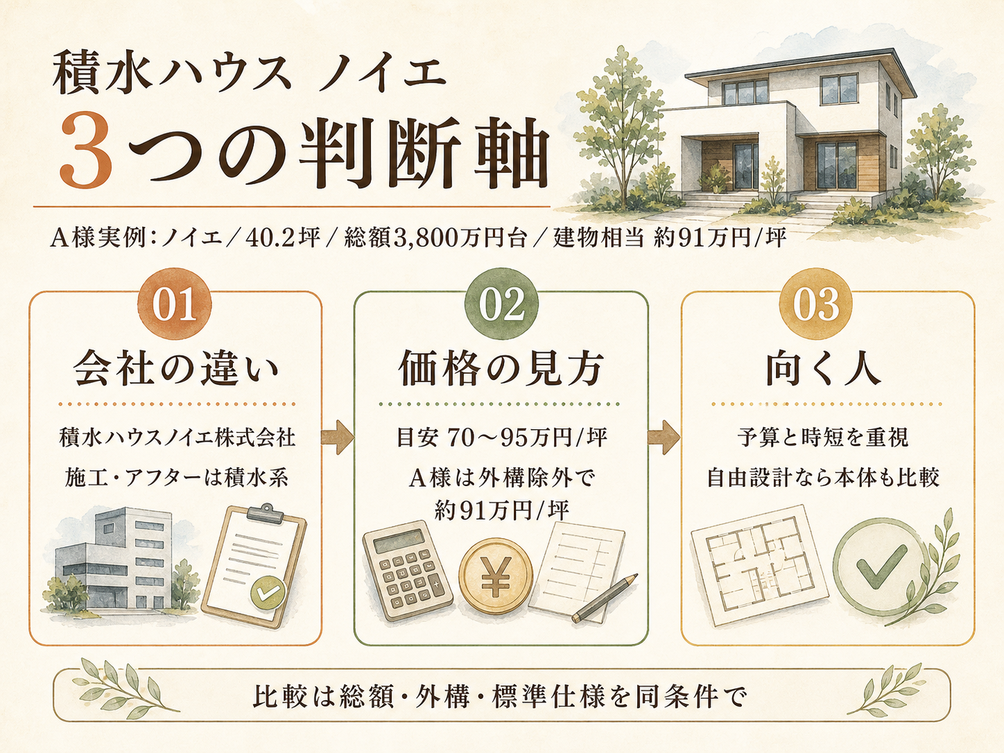 A様(積水ハウスノイエ・40.2坪)の建築スペック(メーカー・商品・坪数・坪単価・総額・建築時期のカード表示)