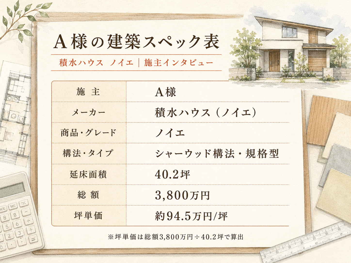 A様(積水ハウスノイエ・40.2坪)の建築スペック一覧(メーカー・商品・坪数・坪単価・総額・建築時期)