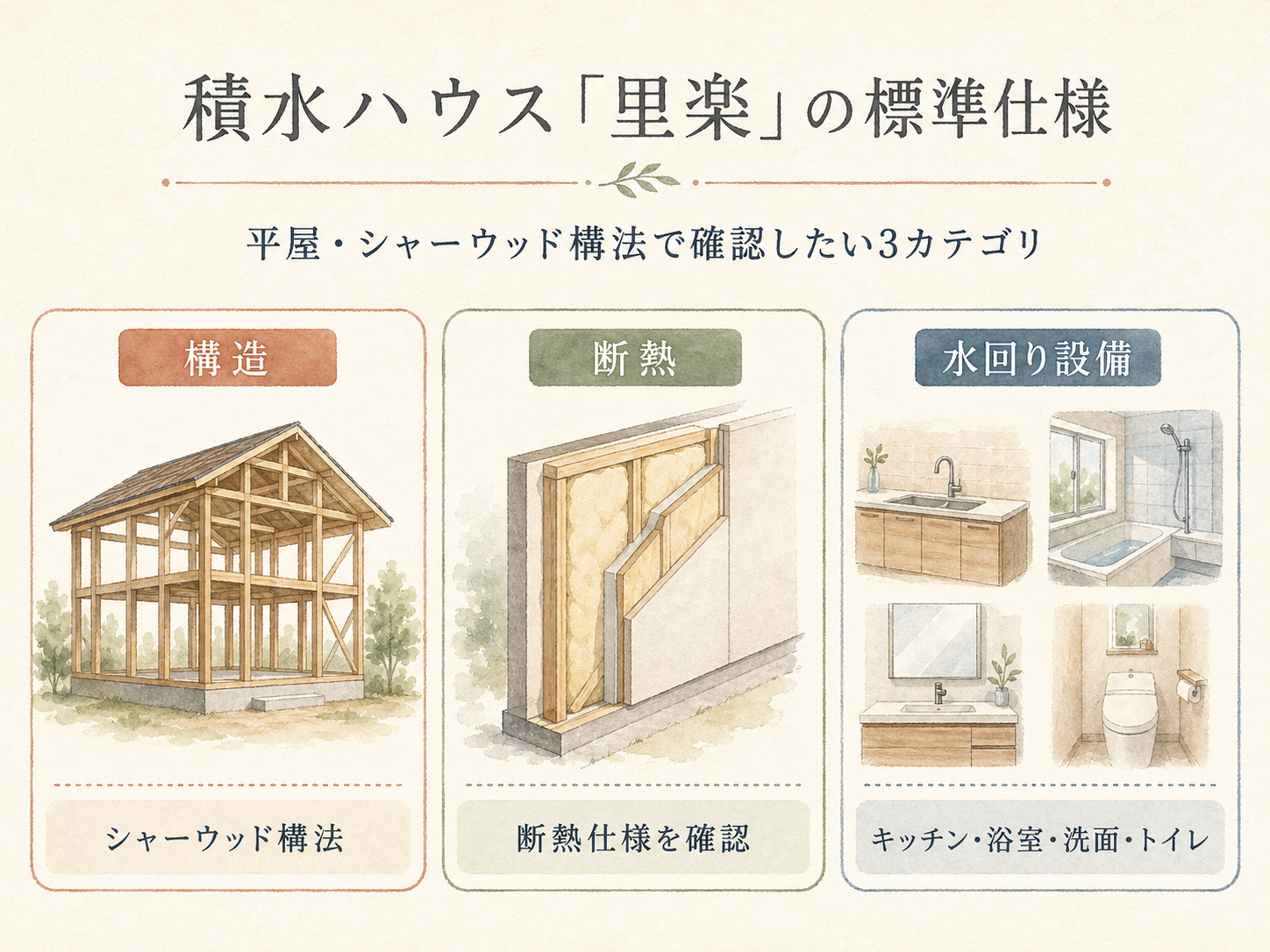 積水ハウス里楽の標準仕様の主要3カテゴリ(構造・断熱・水回り設備)の3点カード図解