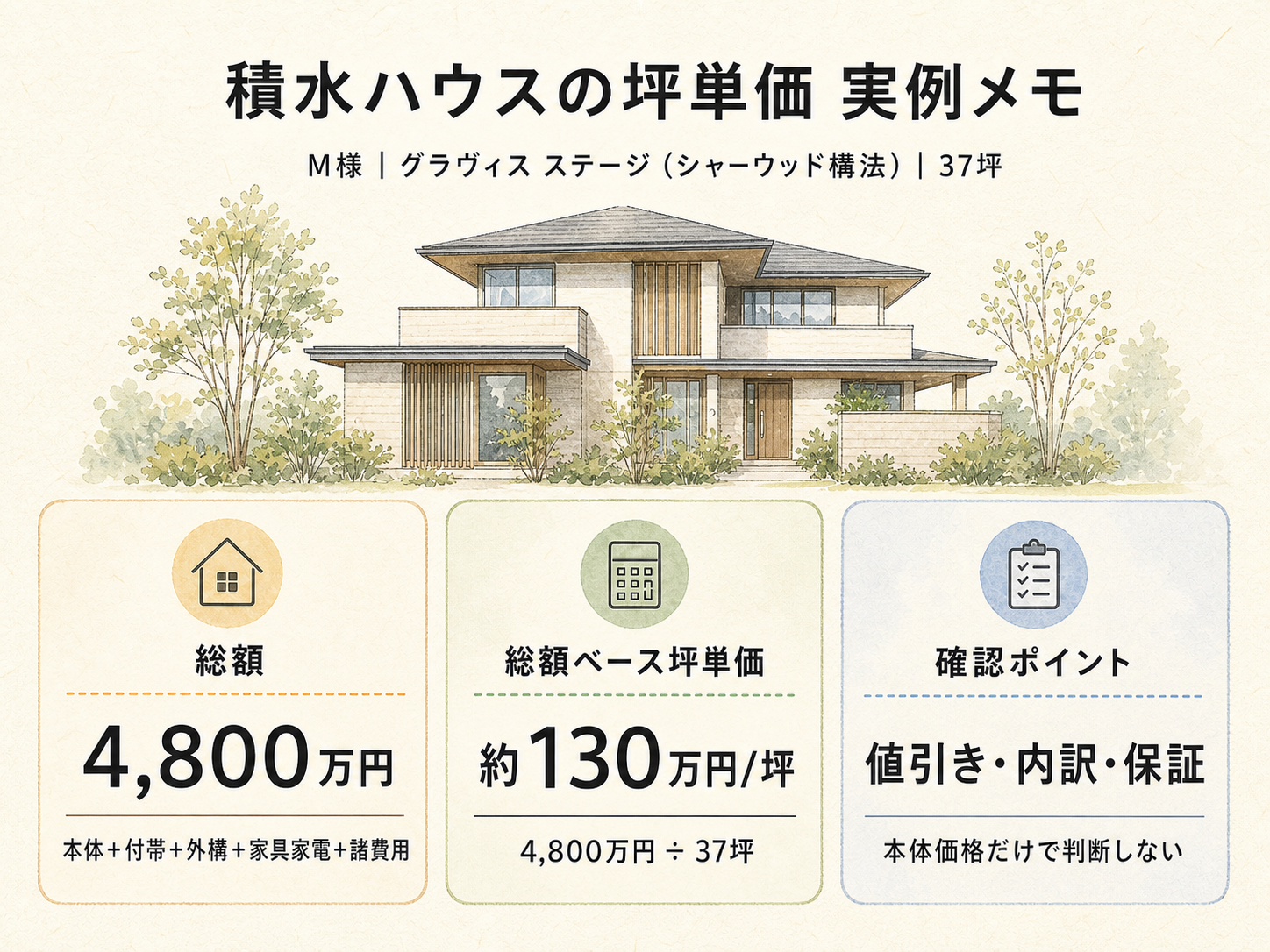お話を伺ったM様(積水ハウスグラヴィス ステージ・37坪)の総4,800万円台の内訳(本体工事・付帯工事・外構・諸費用の積み上げ棒グラフ)