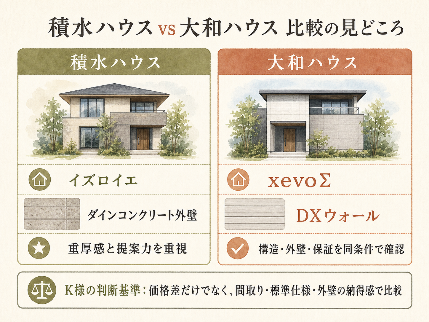 積水ハウスと比較検討したメーカーの違い3点(構造・外壁・担当姿勢)のマトリクス図解