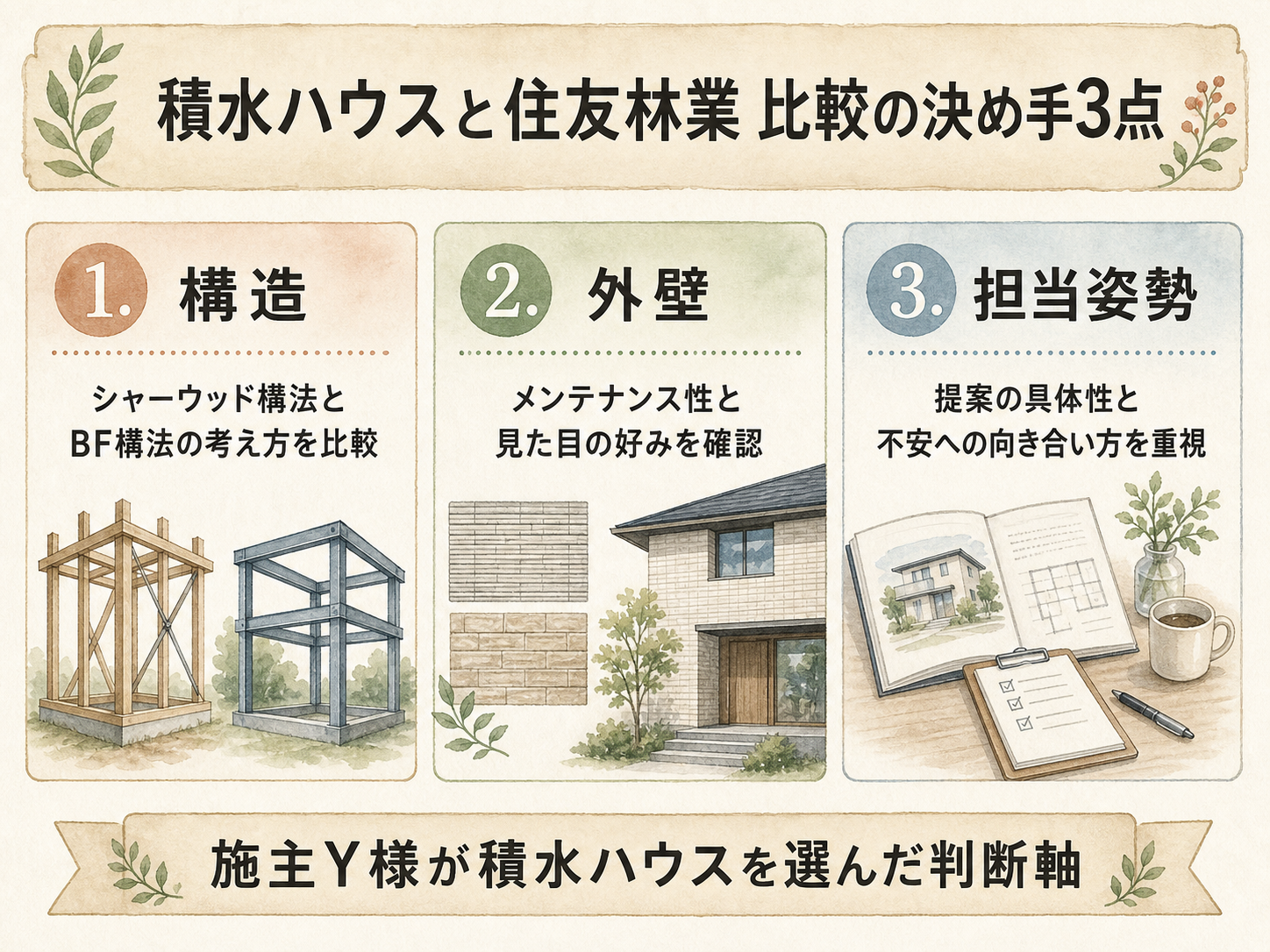 積水ハウスと比較検討したメーカーの違い3点(構造・外壁・担当姿勢)のマトリクス図解