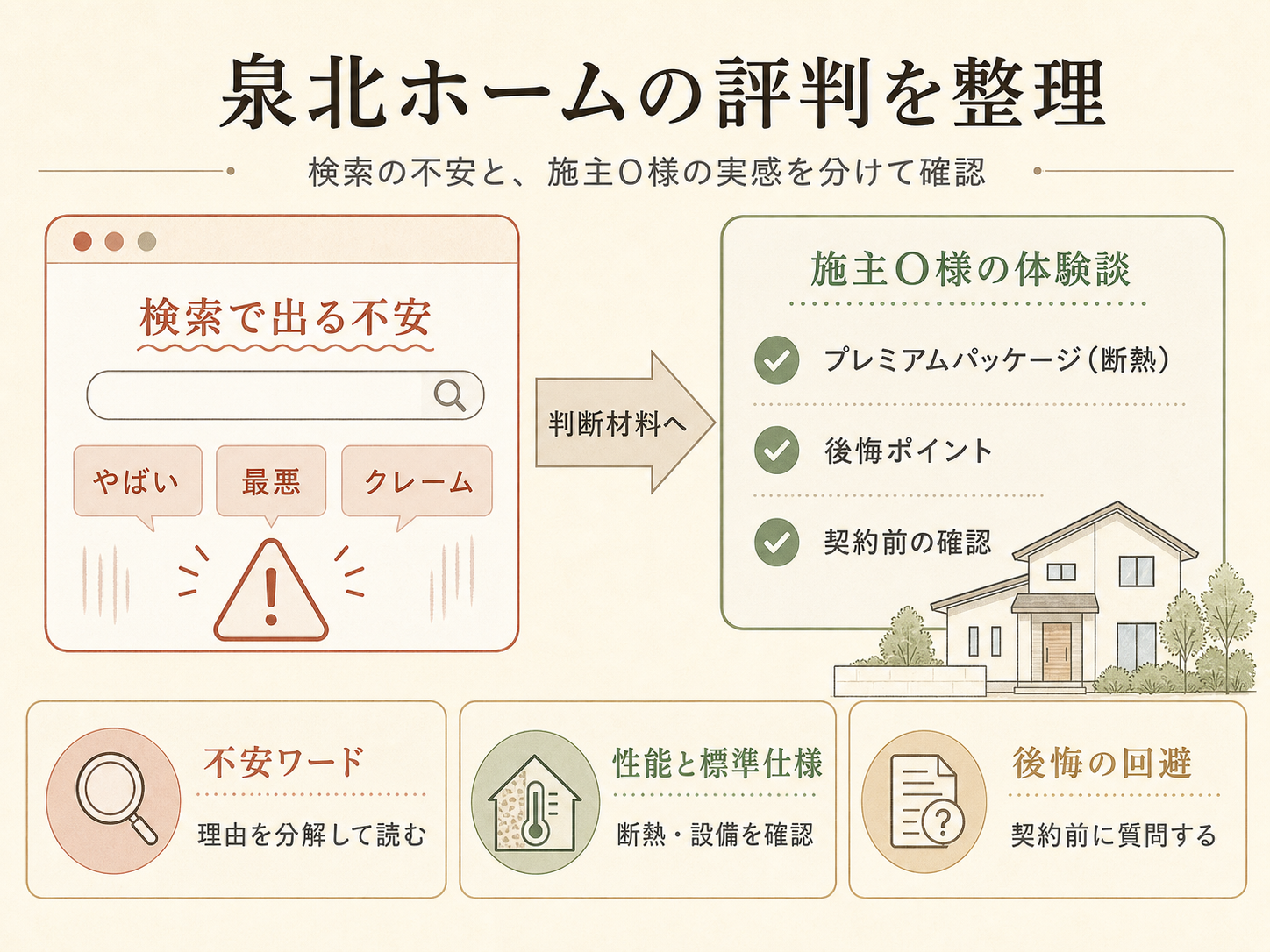 「泉北ホーム やばい」ネット評判とO様の実感のギャップを比較した図解（満足度4.2点）