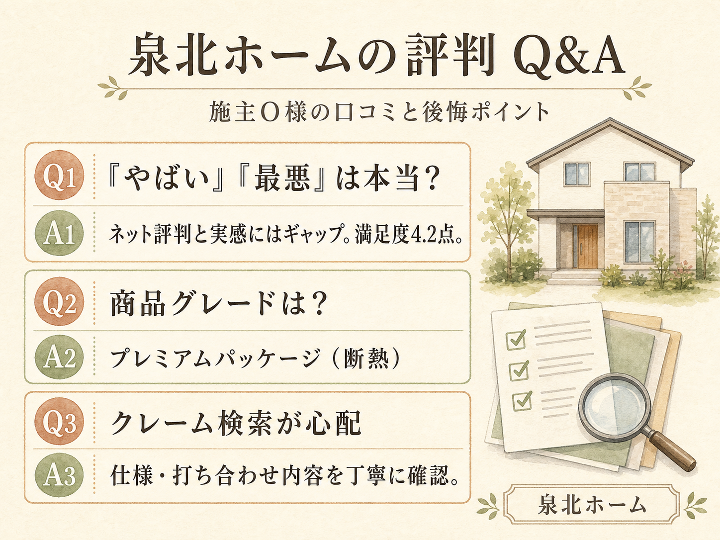 泉北ホームに関する読者の疑問と、O様の取材時の回答（Q&A図解）