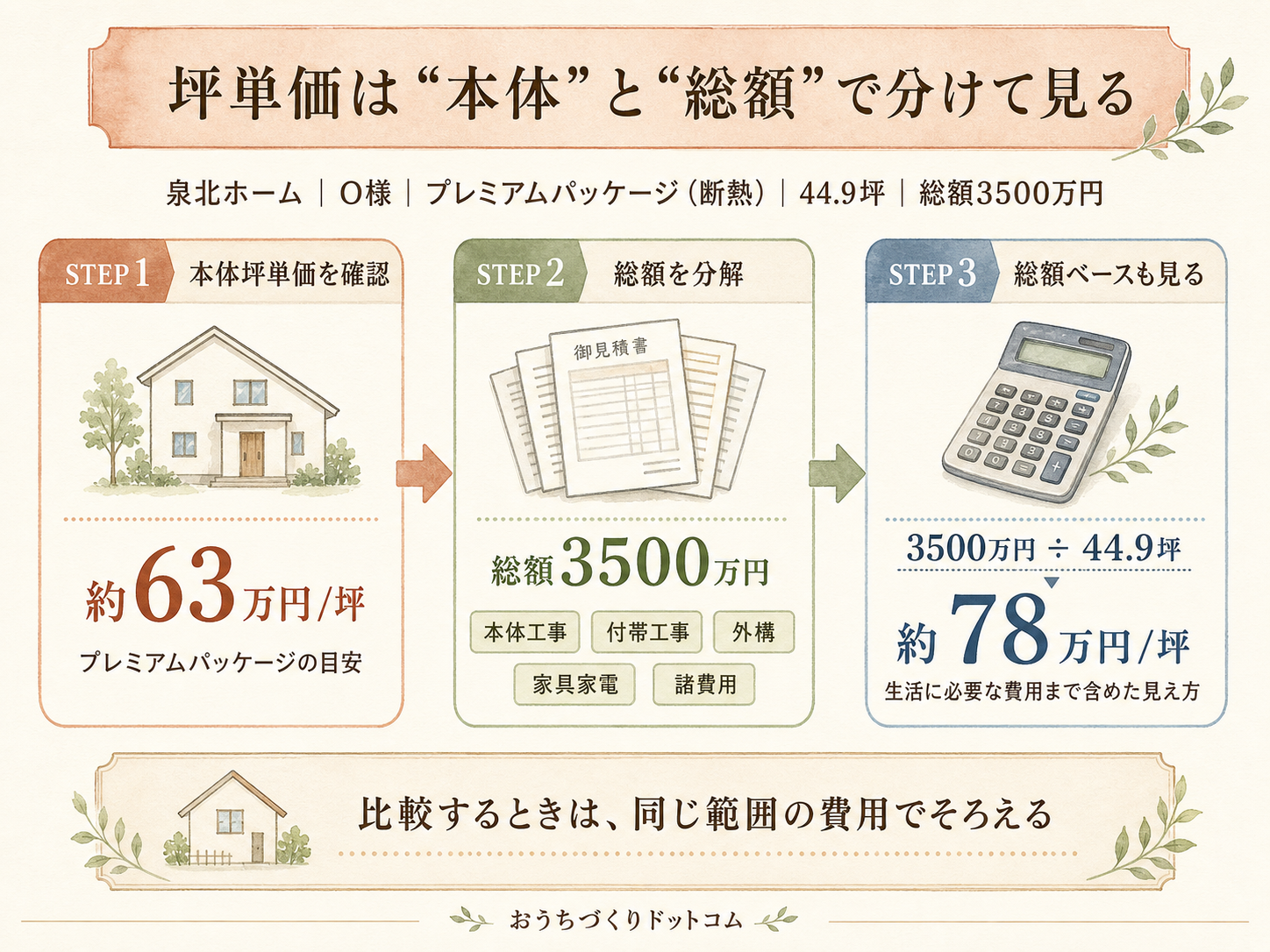 泉北ホームの坪数別 総額シミュレーション（30・35・40坪）
